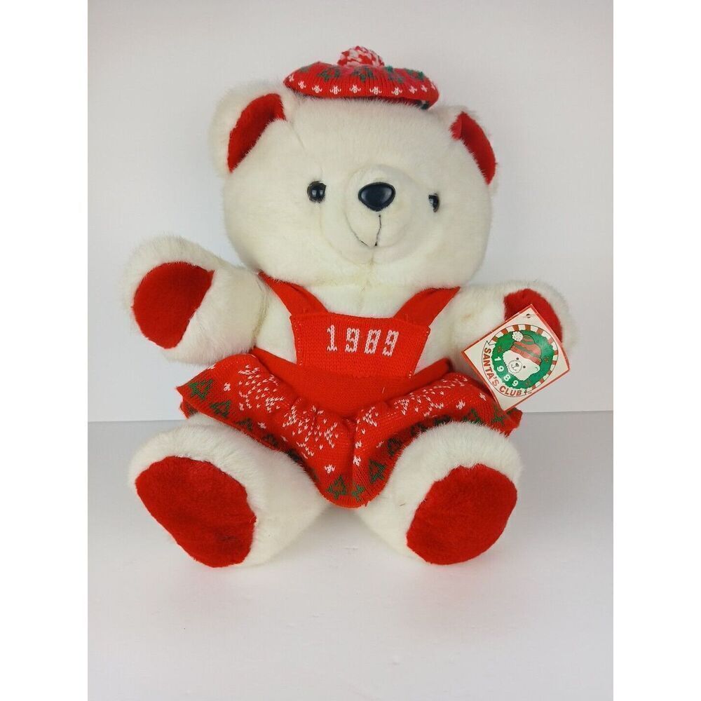 Vintage 1989 Kmart Christmas White Teddy Bear Plush Santa's Club See Pics/ Desc